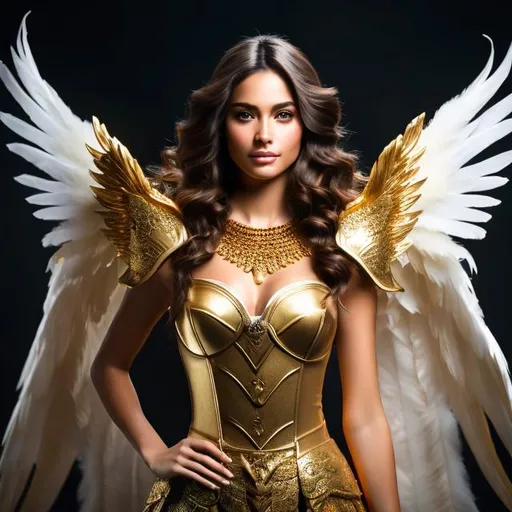 Prompt: a female south american angel, with light brown hair, and light blue eyes, a young adult with an evil aura, standing with her feathered wings spread, wearing a golden warrior armor, very detailed, masterpiece, best quality, digital photo realistic, 4k, high resolution, high detail, photorealism, superrealism, hyperrealism, very detailed, dark art, aesthetics, curves, killing an evil spirit

