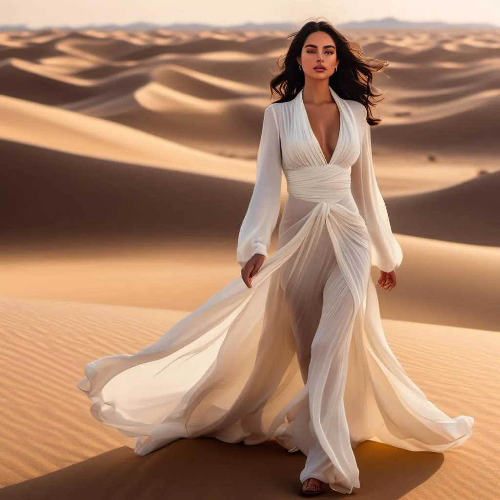 Prompt: <mymodel> sand background, desert background, dune background, perfect full curvaceous body, alluring, captivating, black hair, wearing an armorer white desert outfit fully covering her body, and a white scarf wrapped around her head