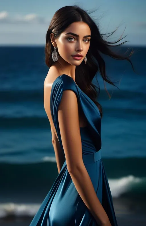 Prompt: <mymodel> perfect curvaceous body with a full large chest, figure huggin tight fitting sleek blue satin gown, black hair in a ponytail, ocean water background, alluring, detailed features, elegant lighting, high quality