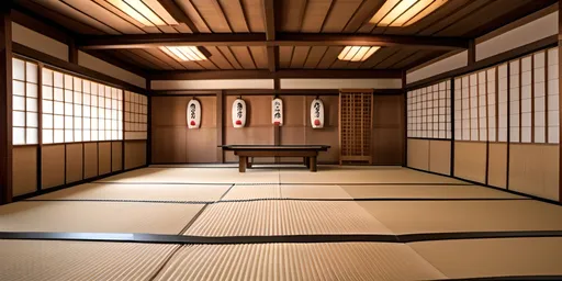 Prompt: (equirectangular image of a karate dojo), serene atmosphere, traditional wooden interior, warm wood tones, tatami mats, muted lighting, a sense of focus and discipline, intricate details of karate equipment, decorations on the walls reflecting martial arts culture, high-quality 4K resolution, inviting space for training and meditation.