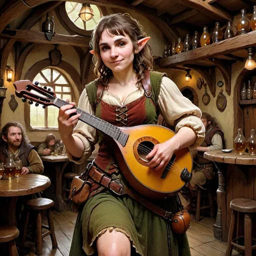 Prompt: Female Hobbit Bard with Mandolin, Hairy Feet, Standing, in Tavern