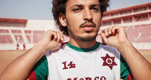 Prompt: Red morocco football t shirt 