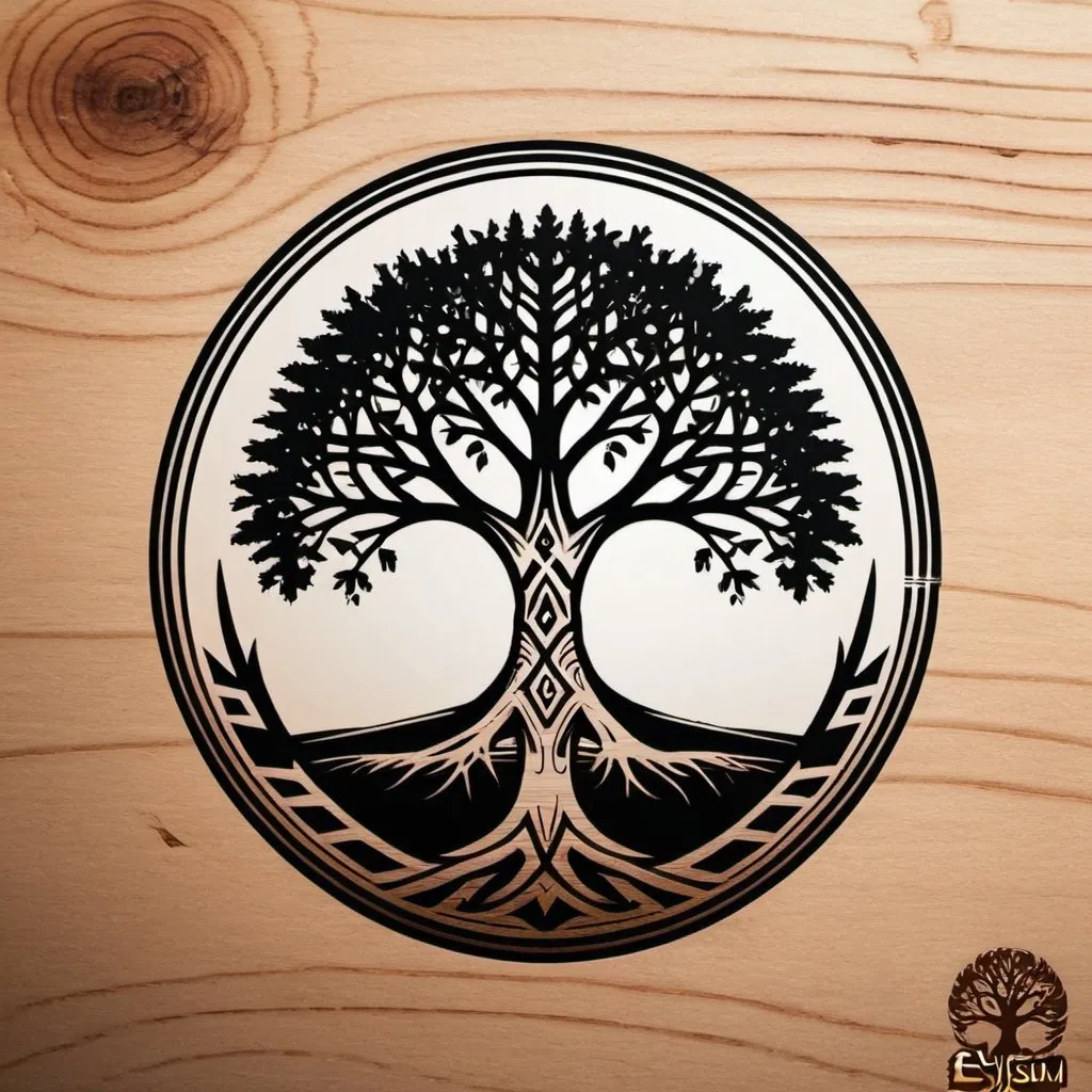 Prompt: Tribal logo with laser and tree for a laser engraving company named "Elysium Designs"