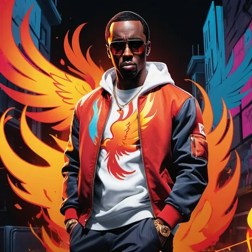 Prompt: (p diddy as Phoenix), vibrant graffiti-inspired color palette, striking flames outline, dynamic pose, urban background with abstract elements, characterized by sleek clothing, reminiscent of Phoenix's attire, confident facial expression, action ready, vivid illuminated atmosphere, inspired by video game aesthetic, high octane, HD, intricate details, showcasing iconic elements of Valorant.