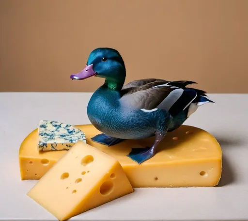 Prompt: A blue duck sitting on a cheese 