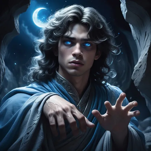 Prompt: A young prince slowly turning into stone under the moonlight, his fingers becoming solid rock. His expression is sorrowful as cracks appear on his face. Magical blue energy swirls around him. Fantasy art, dramatic lighting, cinematic composition.