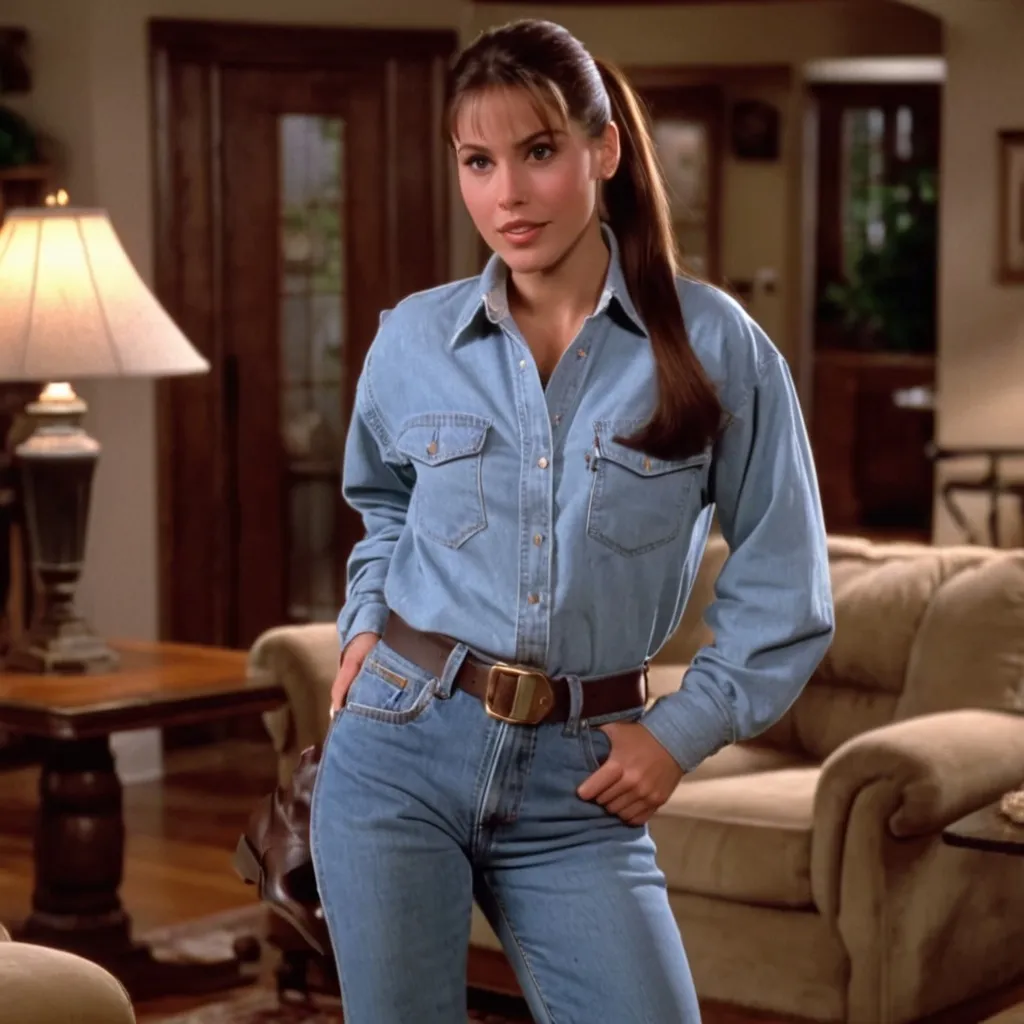 Prompt: still frame, 1990s movie, brunette ponytail woman, wearing shirt, jeans, thick light brown steel toe hiking boots, american living room, arms held behind