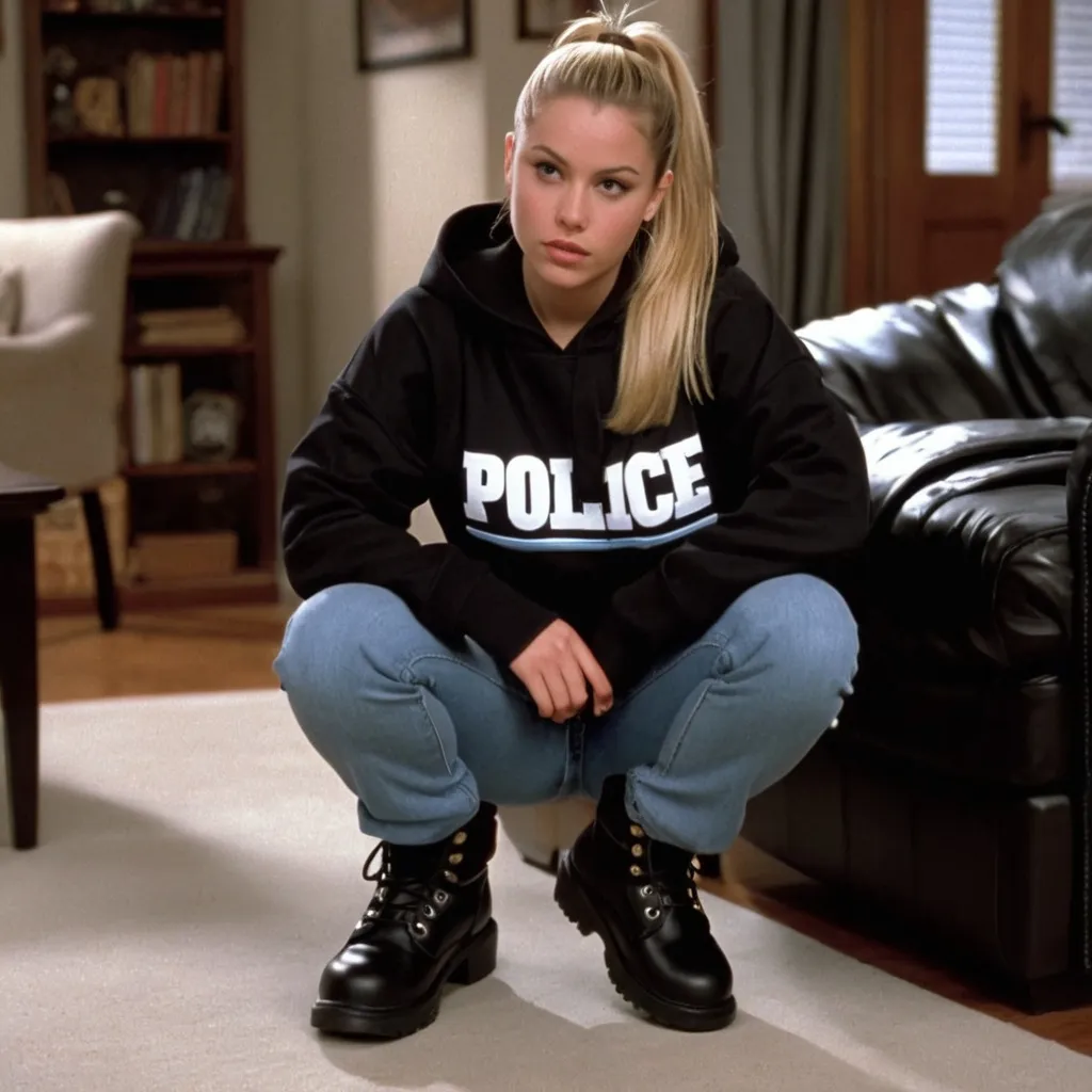 Prompt: still frame, 2000s movie, blonde brunette ponytail girl, wearing hoodie, jeans, thick black steel toe work boots, american living room,
hands cuffed together behind by police woman