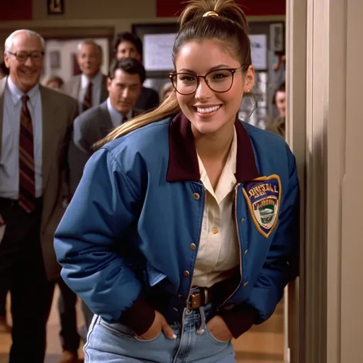 Prompt: still frame, 1990s movie, beautiful brunette ponytail reporter woman, wearing letterman jacket, glasses, jeans, thick light brown timberland boots, smiling, ties her laces