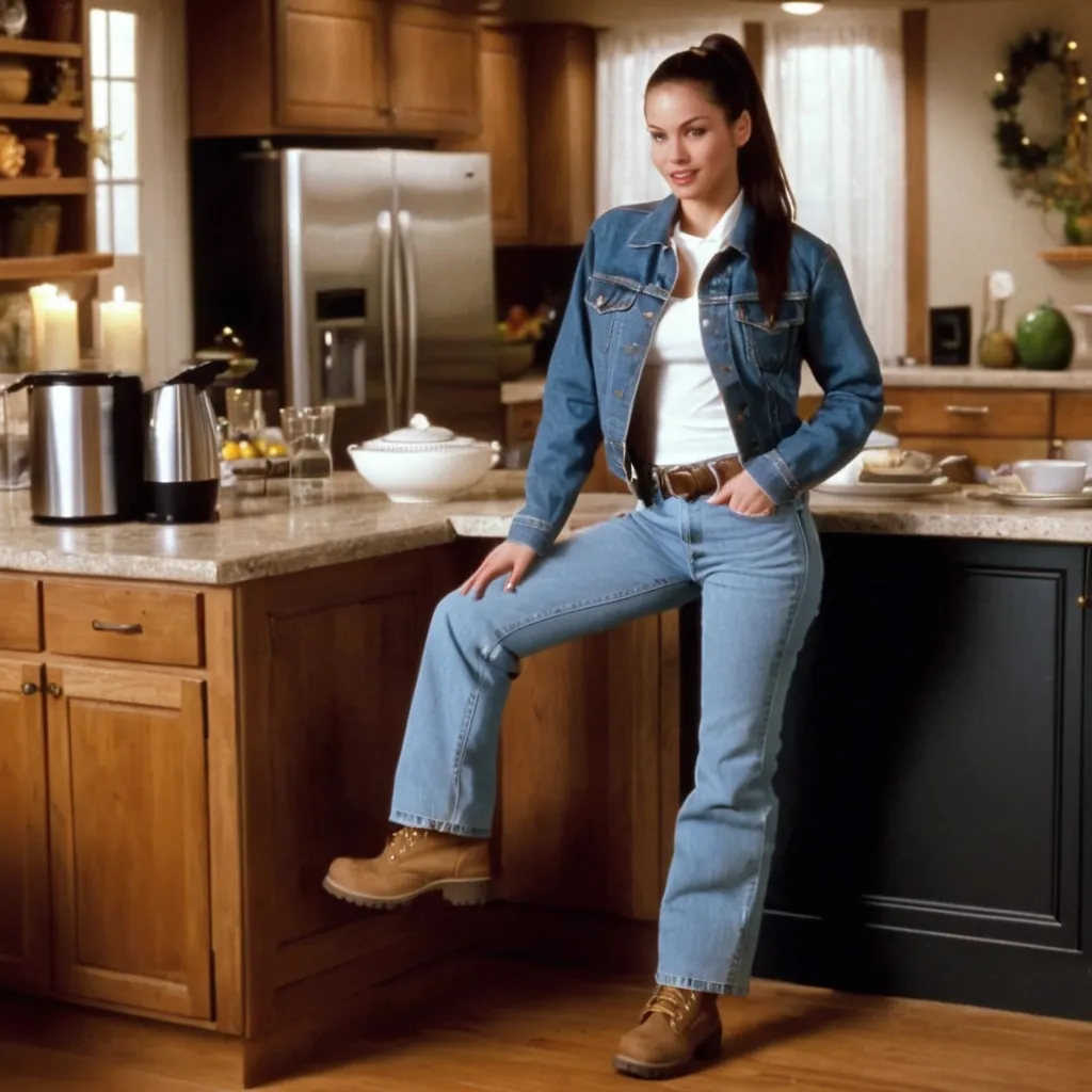 Prompt: still frame, 2000s movie, brunette ponytail woman, wearing jean jacket, jeans, thick light brown steel toe hiking boots, american living room, leaning on kitchen stand, living room, long pants, house party