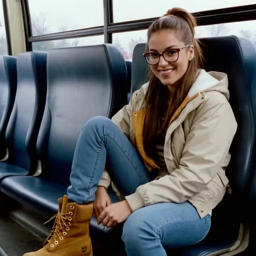 Prompt: still frame, 1990s movie, beautiful brunette ponytail reporter woman, wearing jacket, hoodie, glasses, jeans, thick light brown timberland boots, smilling, sitting in bus, legs up, autumn, new jersey