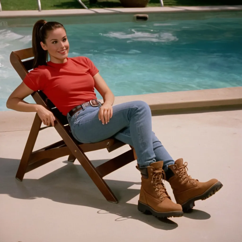 Prompt: still frame, 1990s movie, brunette ponytail woman, wearing shirt, jeans, thick light brown steel toe hiking boots, american living room, lying on chair, swimming pool