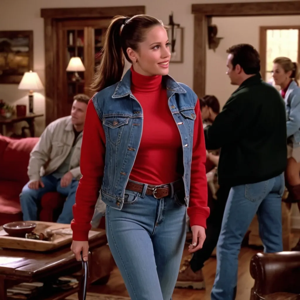 Prompt: still frame, 2000s movie, brunette ponytail woman, wearing jean jacket, red turtleneck, jeans, thick light brown steel toe hiking boots, american living room, talking with friends