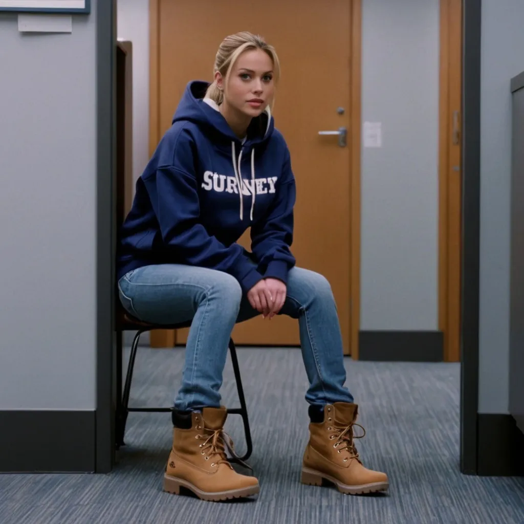 Prompt: still frame, 2000s movie, blonde brunette ponytail girl, wearing dark blue work hoodie, jeans, thick light brown steel toe timberlend boots, office hallway, on chair