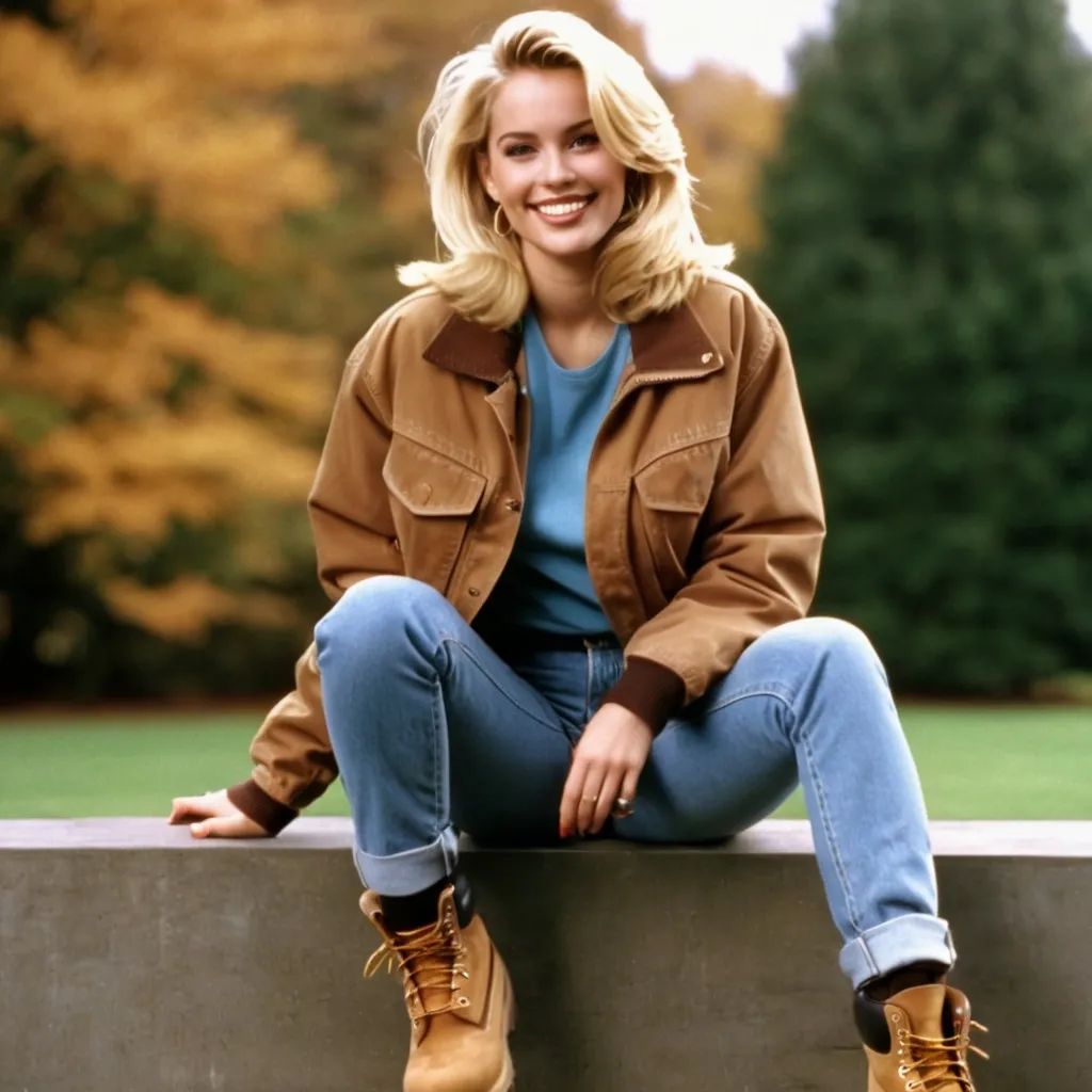 Prompt: still frame, 1990s movie, beautiful blonde woman, wearing brown jacket, jeans, thick light brown timberland boots, smiling