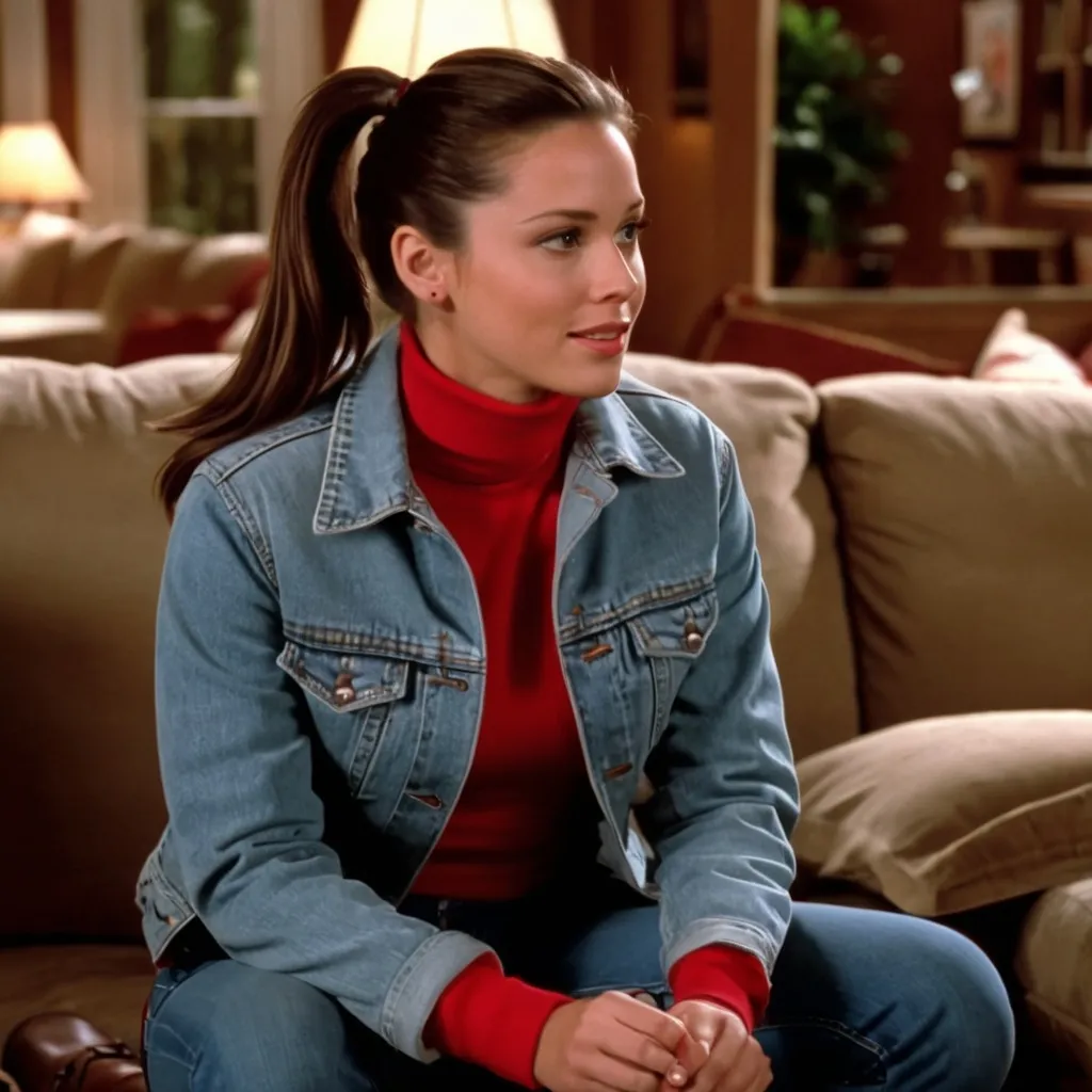 Prompt: still frame, 2000s movie, brunette ponytail woman, wearing jean jacket, red turtleneck, jeans, thick light brown steel toe hiking boots, american living room, talking with friends