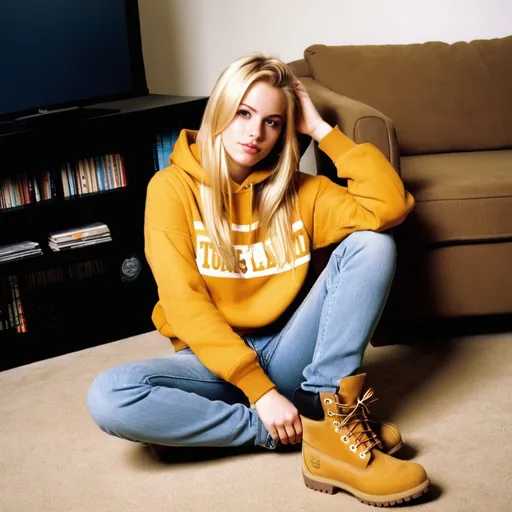 Prompt: beautiful blonde college girl, wearing wearing a hoodie , jeans and heavy timberland boots, living room, 2002 style, shy, 