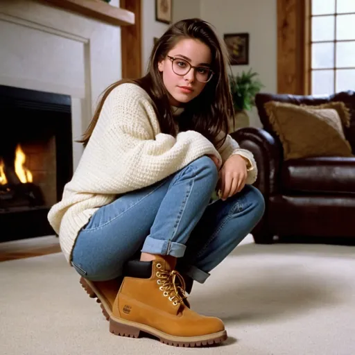 Prompt: still frame, 1990s movie, shy brunette teenage girl, wearing big sweater, glasses, jeans, thick light brown timberland boots, american living room, 