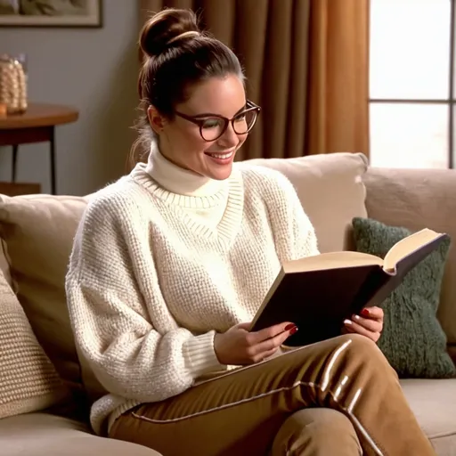 Prompt: still frame, 1990s tv show, beautiful brunette double parted ponytail reporter woman, wearing fuzzy sweater, glasses, light brown chinos, thick light brown timberland boots, smilling, sitting in couch, reading book