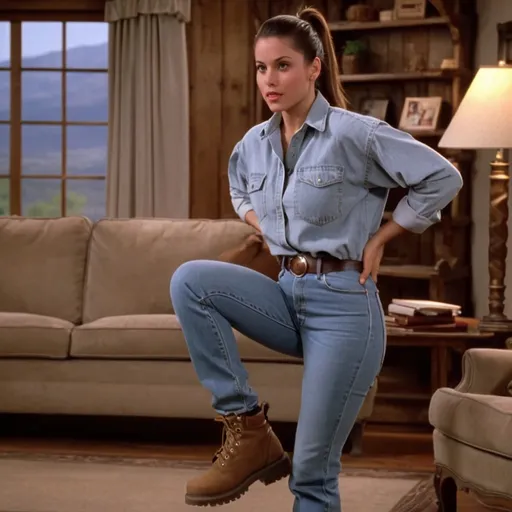 Prompt: still frame, 1990s movie, brunette ponytail woman, wearing shirt, jeans, thick light brown steel toe hiking boots, american living room, arms held behind