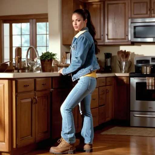 Prompt: still frame, 2000s movie, brunette ponytail woman, wearing jean jacket, jeans, thick light brown steel toe hiking boots, american living room, leaning on kitchen stand, living room, long pants, hands crossed