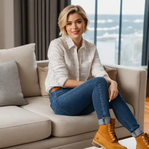 Prompt: The camera zooms in on LILY, a blond short haired, 20-year-old female reporter, sitting on a couch. She's dressed in a casual yet professional ensemble—a snug shirt, jeans, and heavy Timberland boots. Lily addresses the camera with a lively demeanor.

