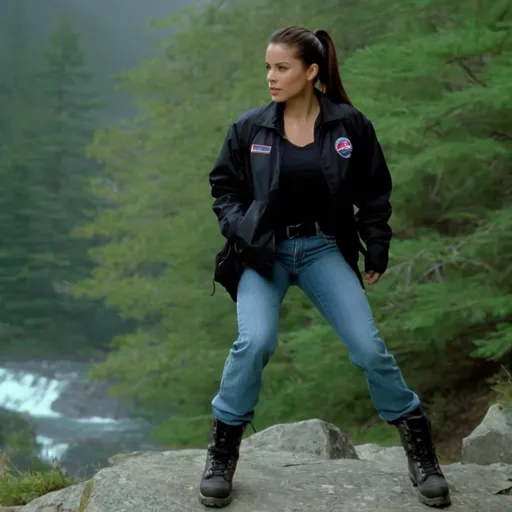 Prompt: still frame, 2000s movie, brunette ponytail woman, wearing black work jacket, jeans, thick black steel toe hiking boots, american office