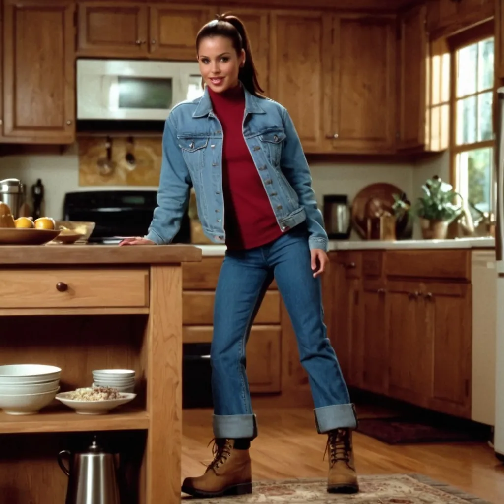 Prompt: still frame, 2000s movie, brunette ponytail woman, wearing jean jacket, jeans, thick light brown steel toe hiking boots, american living room, leaning on kitchen stand, living room, long pants, house party