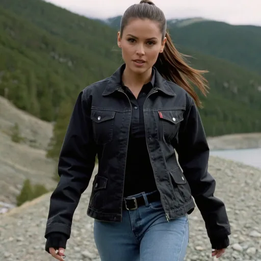 Prompt: still frame, 2000s movie, brunette ponytail woman, wearing black work jacket, jeans, thick black steel toe hiking boots, american office