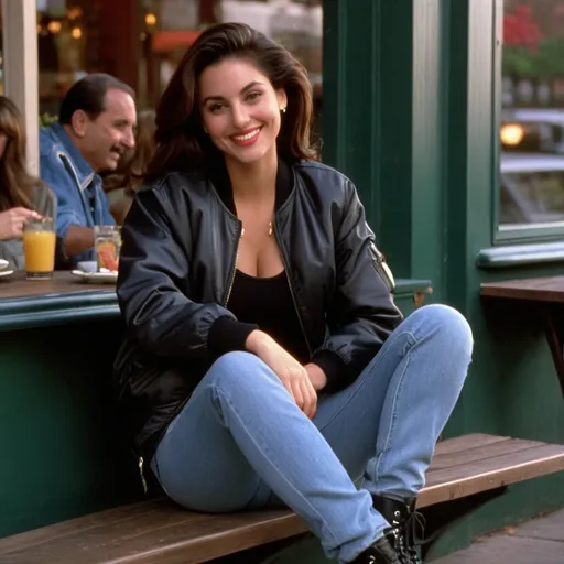 Prompt: still frame, 1990s movie, beautiful brunette italian american woman, wearing bomber jacket, jeans, thick black work boots, smilling, sitting outside restaurant, autumn, new jersey