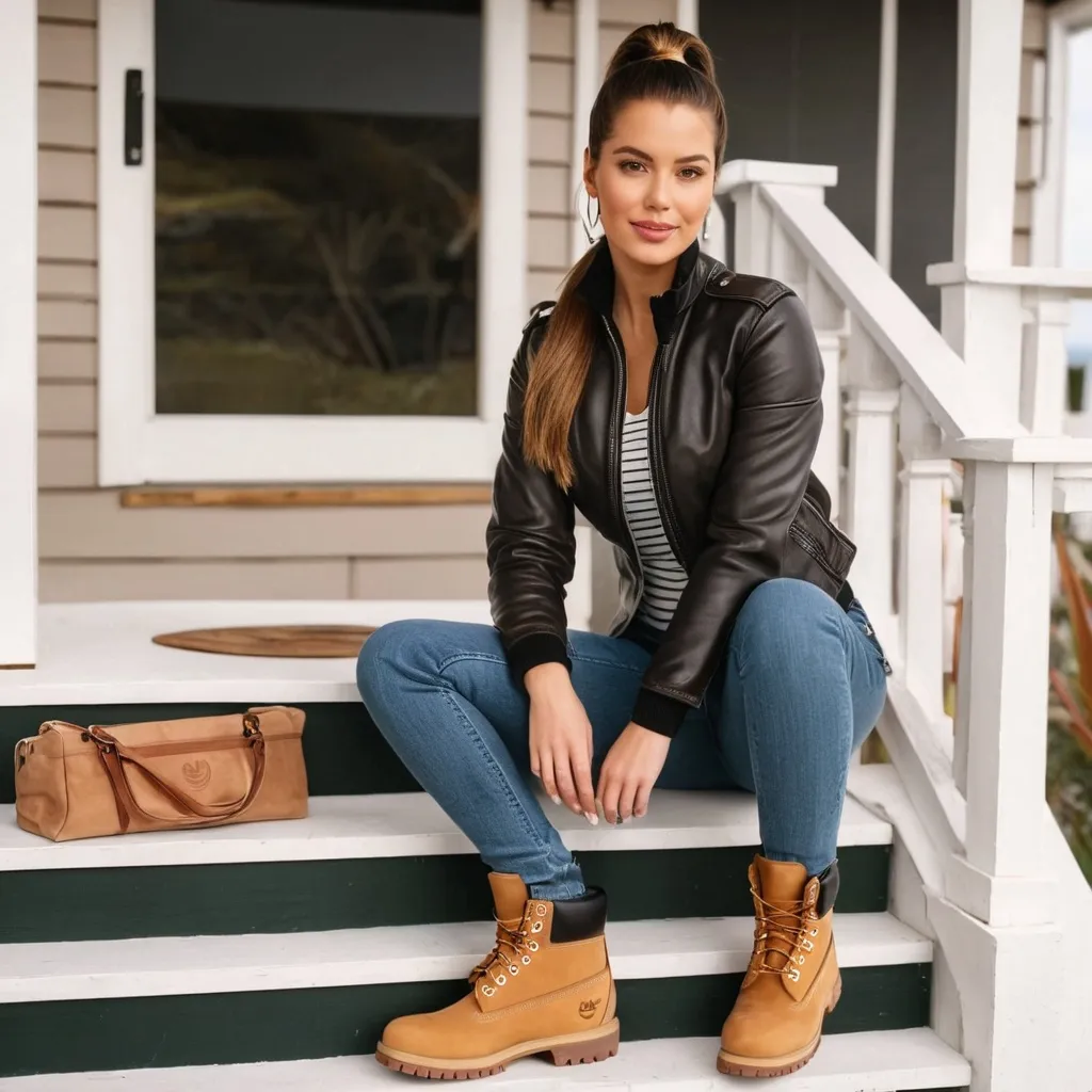 Prompt: write a  1990s tv report, beautiful brunette ponytail reporter woman, wearing a leather jacket, sweater, jeans, thick light brown timberland boots,standing on a porch at beach house
