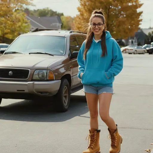 Prompt: still frame, 1990s movie, beautiful brunette ponytail reporter woman, wearing hoodie, glasses, shorts, thick light brown timberland boots, smilling, standing against car, autumn, new jersey