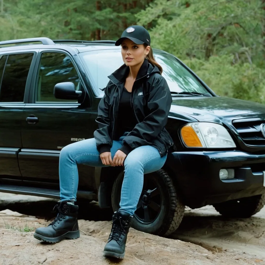 Prompt: still frame, 2000s movie, brunette ponytail woman, wearing black cap, black work jacket, jeans, thick black steel toe hiking boots, sitting in suv