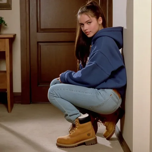 Prompt: still frame, 1990s movie, shy brunette ponytail teenage girl, wearing big hoodie, jeans, thick light brown timberland boots, american living room, holds hands against wall