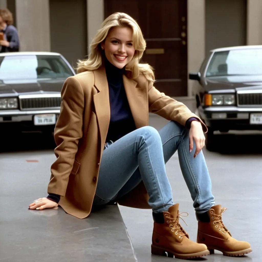 Prompt: still frame, 1990s movie, beautiful blonde reporter woman, wearing brown jacket, jeans, thick light brown timberland boots, smiling, 