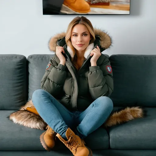 Prompt: 2000s photo, a pretty russian woman wearing a fur hood puffer jacket, jeans and heavy timberlend work boots, sitting on couch, watching tv


