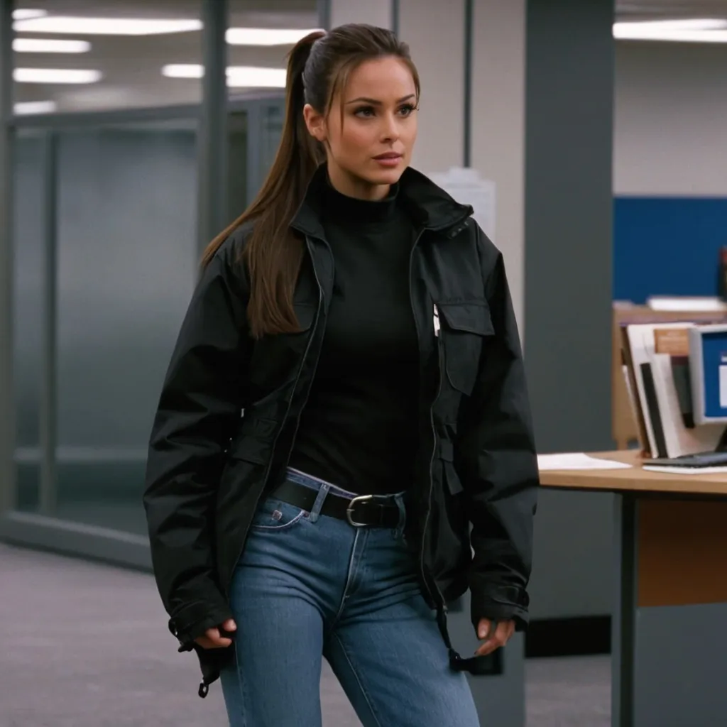 Prompt: still frame, 2000s movie, brunette ponytail woman, wearing black work jacket, jeans, thick black steel toe hiking boots, american office