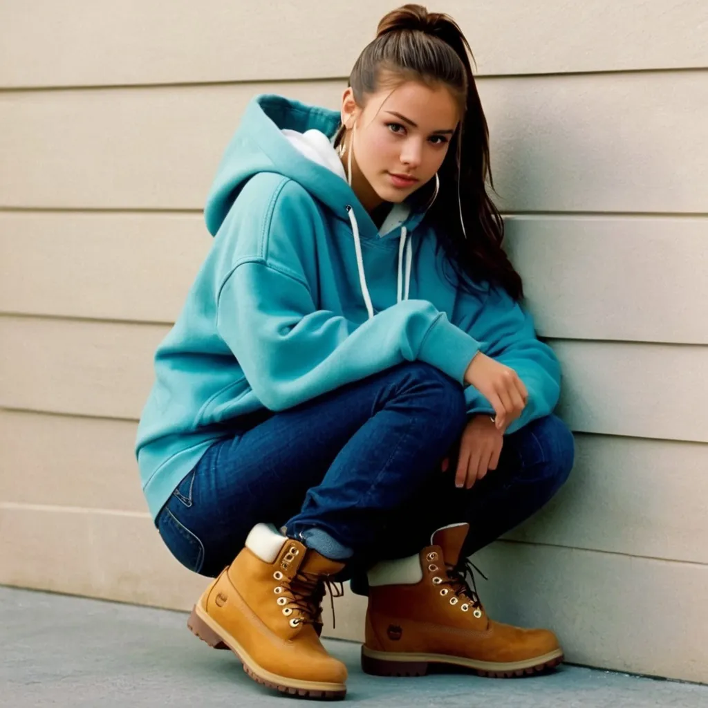 Prompt: still frame, 2000s movie, shy brunette ponytail teenage girl, wearing big hoodie, jeans, thick light brown timberland boots, college

