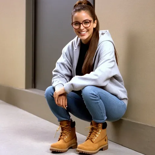 Prompt: still frame, 1990s movie, beautiful brunette ponytail reporter woman, wearing hoodie, glasses, jeans, thick light brown timberland boots, smiling, ties her laces