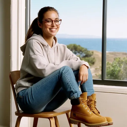 Prompt: still frame, 1990s movie, beautiful brunette ponytail reporter woman, wearing hoodie, glasses, shorts, thick light brown timberland boots, smiling, sitting on chair against big window, malibu, cross legs