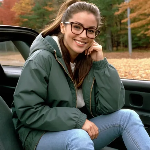 Prompt: still frame, 1990s movie, beautiful brunette ponytail reporter woman, wearing jacket, hoodie, glasses, jeans, thick light brown timberland boots, smilling, sitting in car, legs up, autumn, new jersey