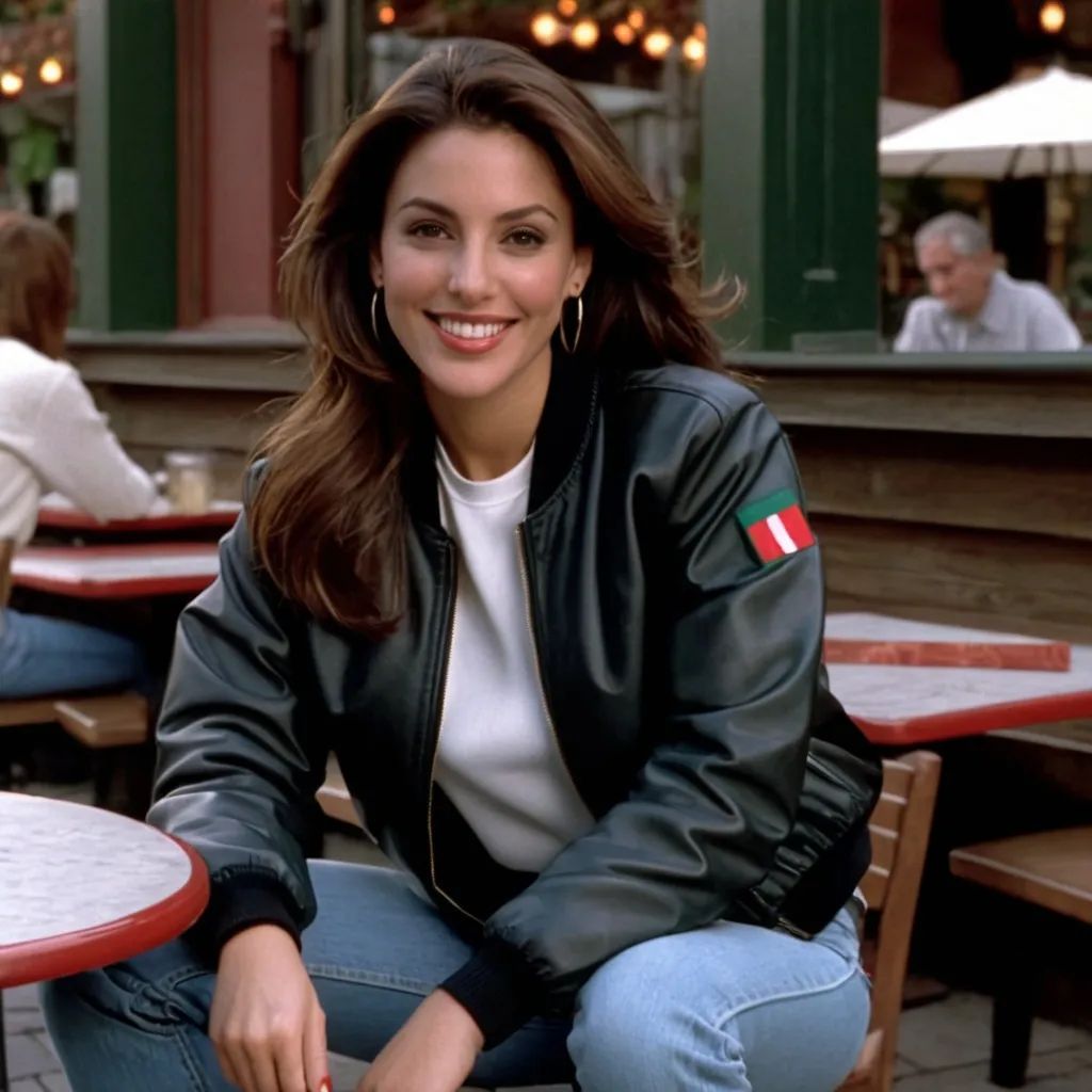 Prompt: still frame, 1990s movie, beautiful brunette italian american woman, wearing bomber jacket, jeans, thick black work boots, smilling, sitting outside restaurant, autumn, new jersey