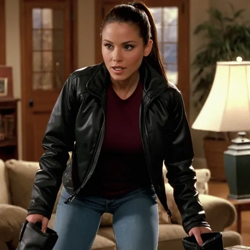 Prompt: still frame, 2000s movie, brunette ponytail woman, wearing black jacket, jeans, thick black steel toe hiking boots, american living room, wrists held behind