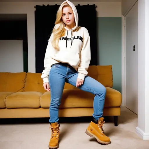 Prompt: beautiful blonde college girl, wearing wearing a hoodie , jeans and heavy timberland boots, living room, 2002 style