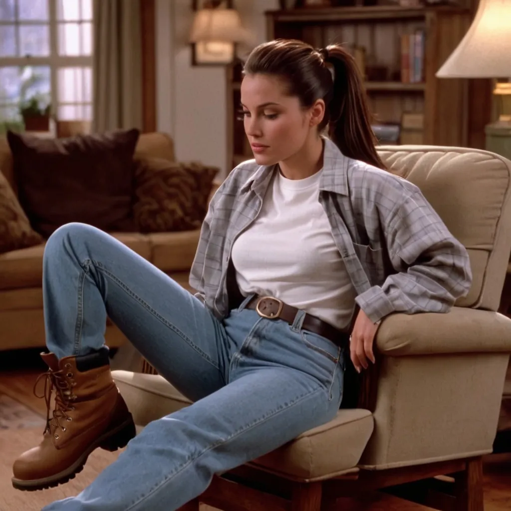 Prompt: still frame, 1990s movie, brunette ponytail woman, wearing shirt, jeans, thick light brown steel toe hiking boots, american living room, lying on chair, hands held together behind chair