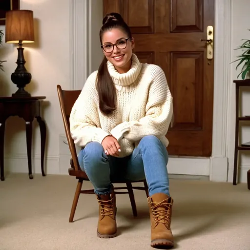 Prompt: still frame, 1990s movie, beautiful brunette ponytail reporter woman, wearing big sweater, glasses, jeans, thick light brown timberland boots, smilling, sitting on chair, boots on floor, modern mansion, autumn, new york