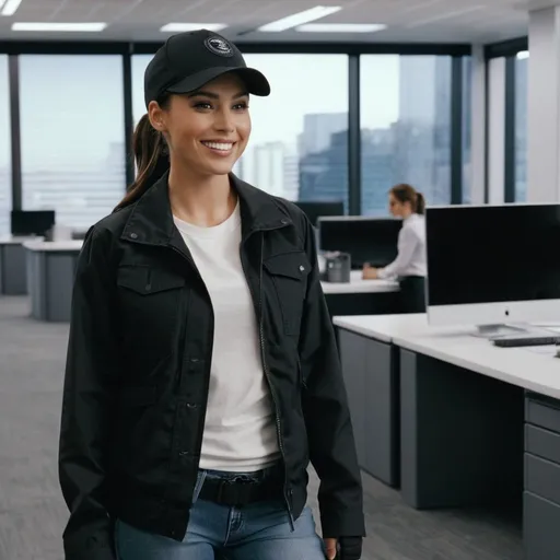 Prompt: still frame, 2000s movie, brunette ponytail woman, wearing black cap, black work jacket, jeans, thick black steel toe hiking boots, smiling standing in a modern office
