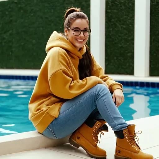 Prompt: still frame, 1990s movie, beautiful brunette ponytail reporter woman, wearing big hoodie, glasses, jeans, thick light brown timberland boots, smilling, sitting in swimming pool, boots on seat