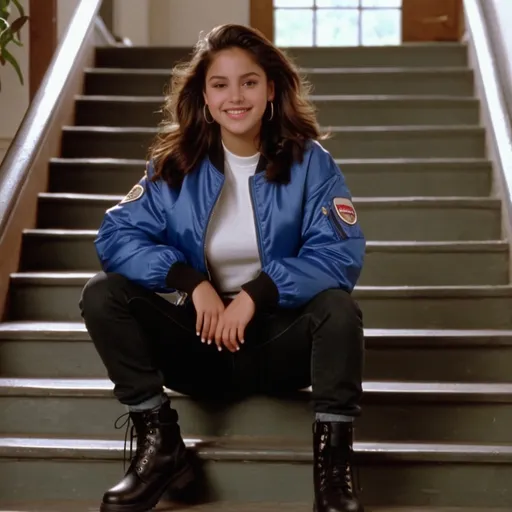 Prompt: still frame, 1990s movie, beautiful brunette latina teenage girl, wearing bomber jacket, baggy black jeans, thick black timberlend boots, smilling, standing on stairs, autumn, new jersey