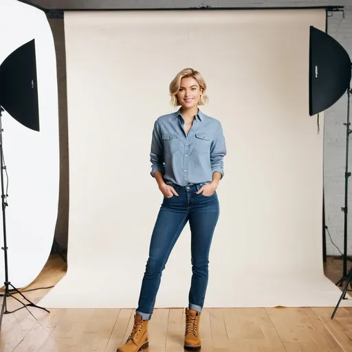 Prompt: The camera zooms in on LILY, a blond short haired, 20-year-old female reporter, standing in the middle of a well-lit studio. She's dressed in a casual yet professional ensemble—a snug shirt, jeans, and heavy Timberland boots. Lily addresses the camera with a lively demeanor.

